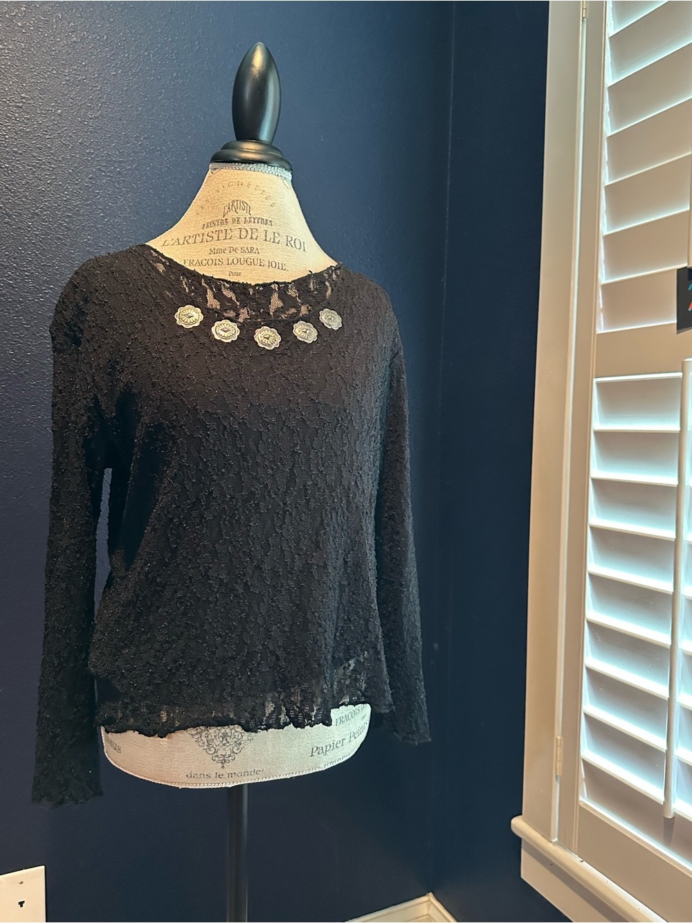 RSVP Black Lace Long-Sleeve Silver Concha Detailed Blouse